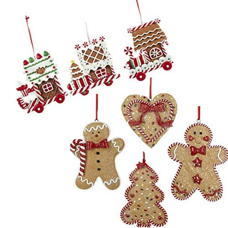 Kurt Adler Gingerbeard Christmas Ornament Assortment Set of 7: Designs Include Gingerbread Men, Toy Trains, Christmas Tree, and