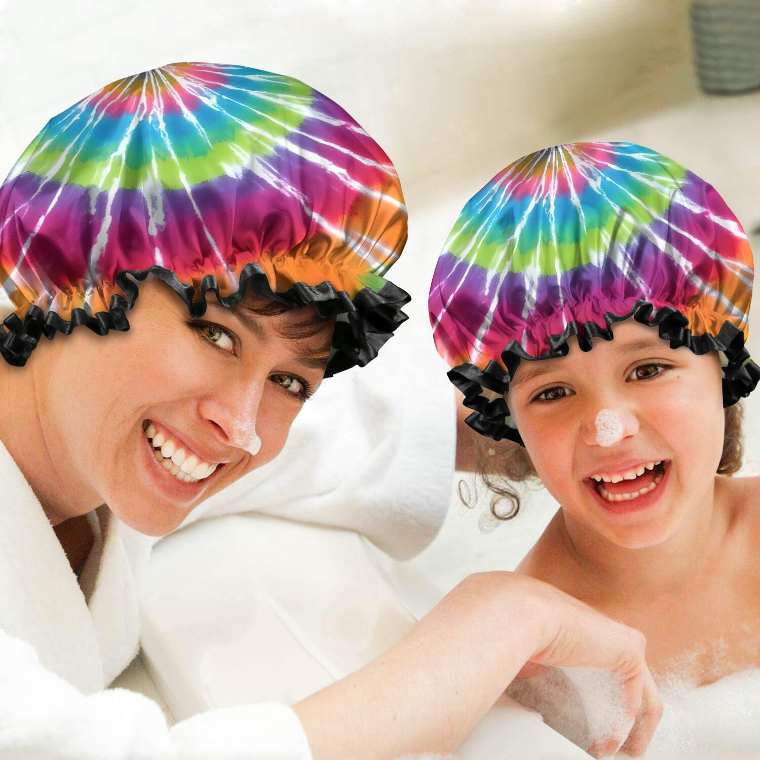 Shower Caps,Rainbow Tie Dye Mandala Pattern Waterproof Shower Cap for Women 4 Pieces,Double Reusable Hair Cover for Shower PEVA Elastic Stretch Hem