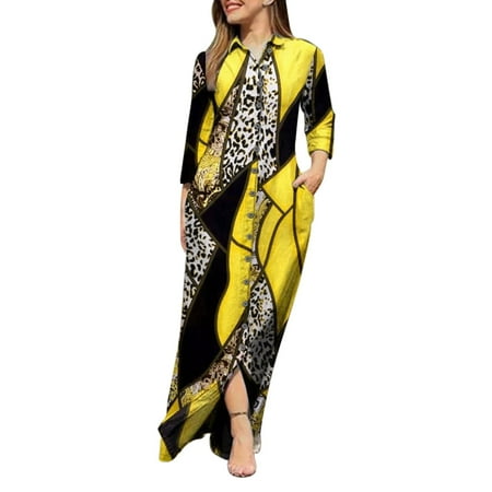 

Ladies Lapel V Neck Long Sleeve Robe Long Prints Dress Buttons Shirt Long Dress