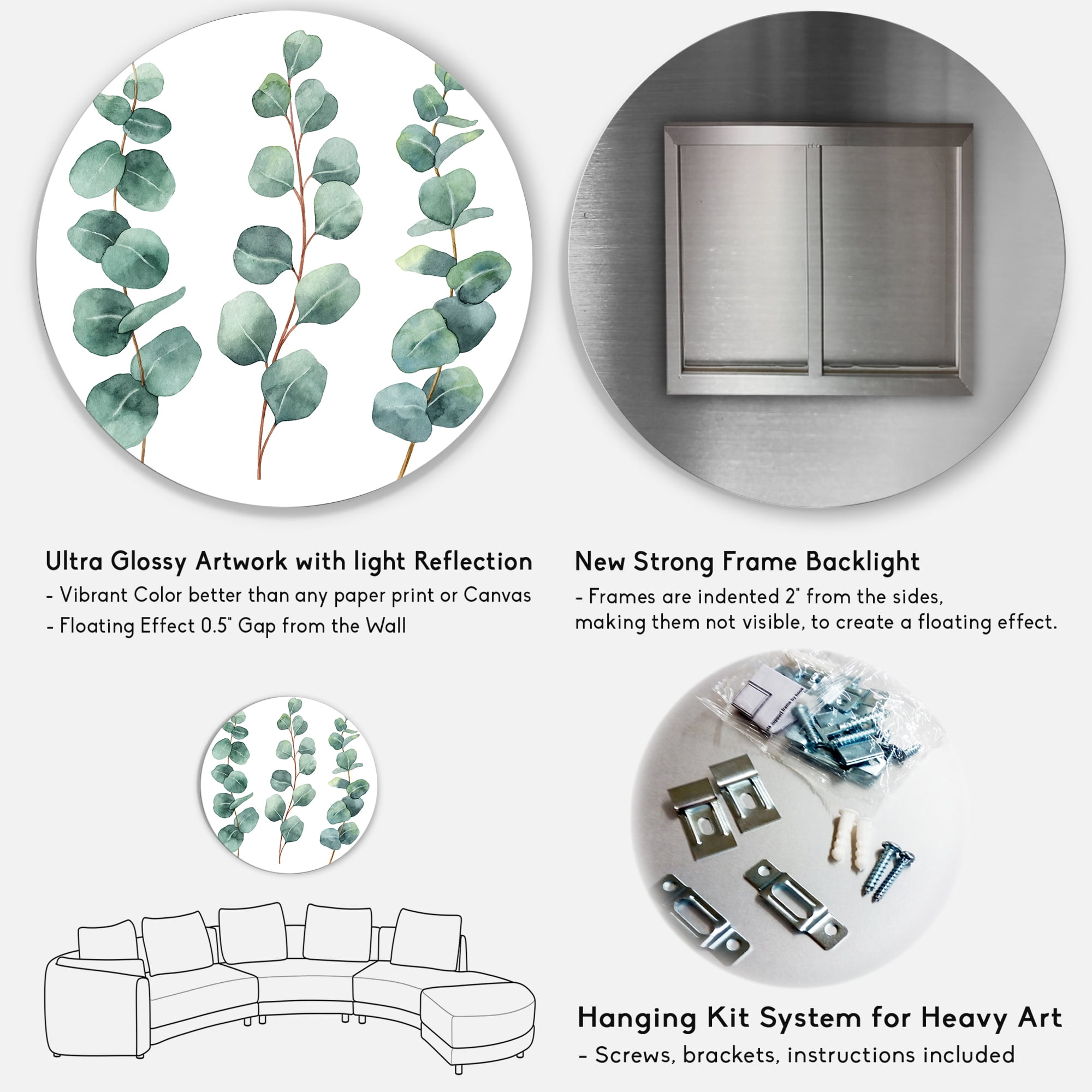 Designart 'Young Eucalyptus Branches and Leaves I' Traditional Circle Metal Wall Art 23x23 - Disc of 23
