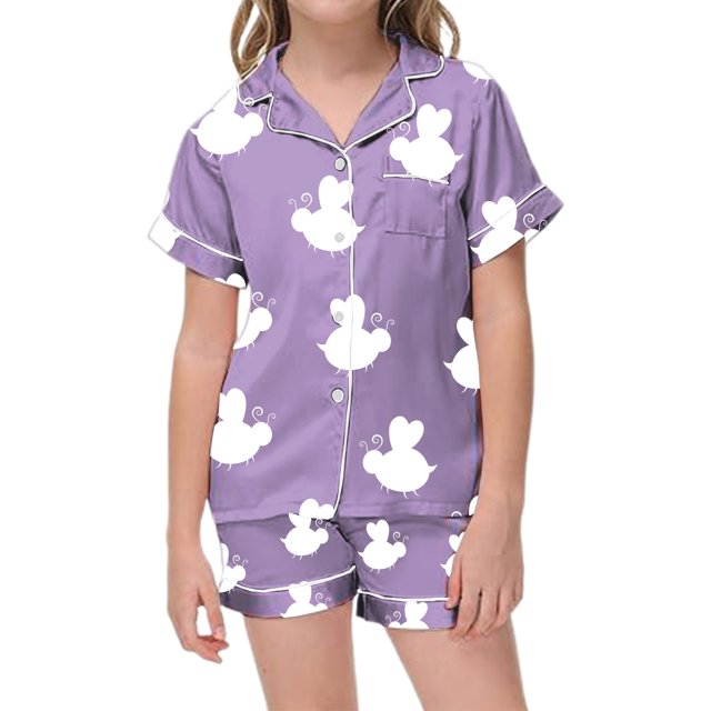 Pyjama Bebe Fille Enfant Filles Ensemble de Pyjama Classique en Satin Imprimé Abeille Dessin Animé Haut à Manches Courtes et Short Tenue Pyjama Bébé Violet 8 Ans-9 Ans