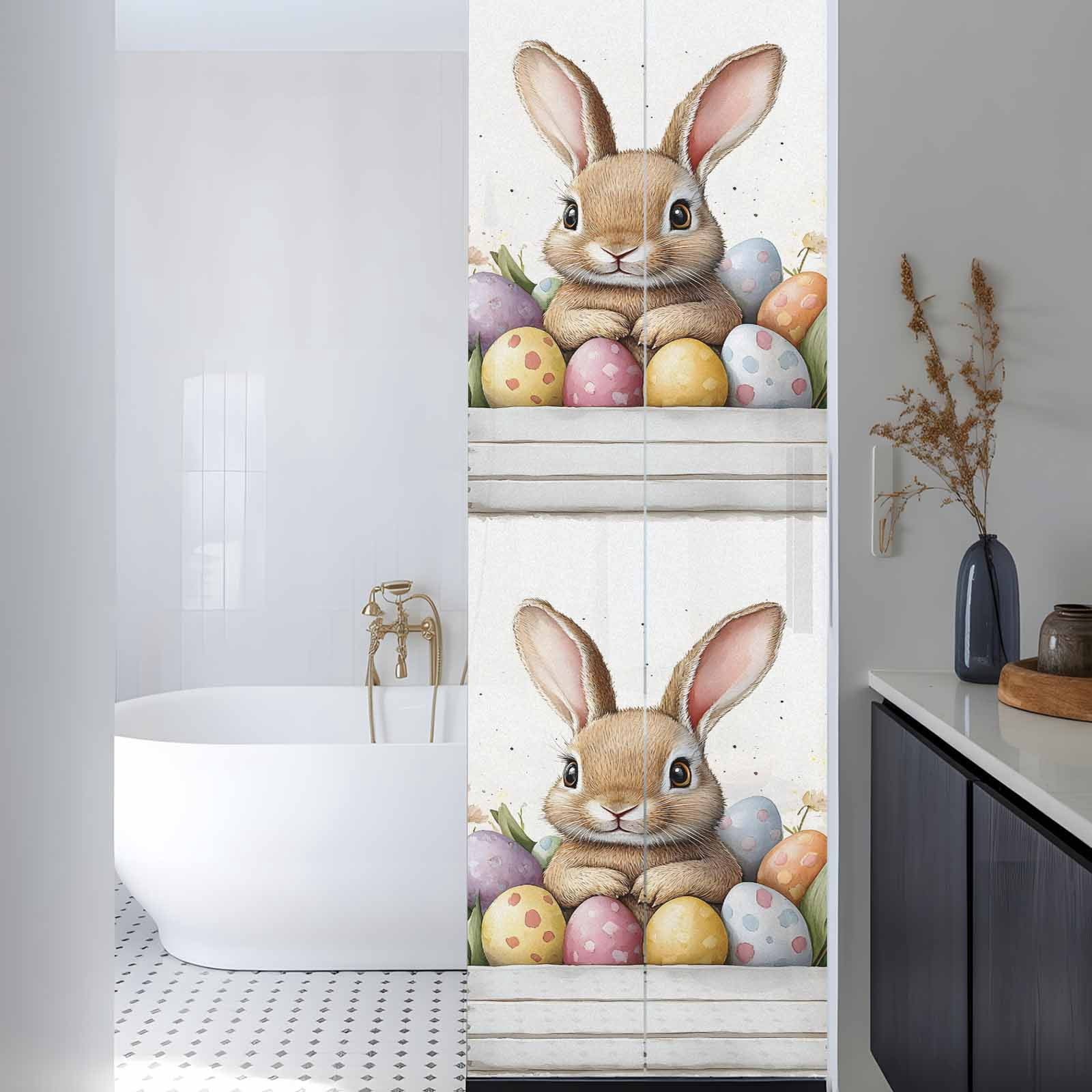 Easter Bunny Window Privacy Film, Cartoon Rabbit Purple Yellow Eggs Tulip Floral Leaf Frosted Glass Window Clings Static Cling UV Heat Blocking Reusable Door Sticker for Bedroom 23.6x78.7 Inch