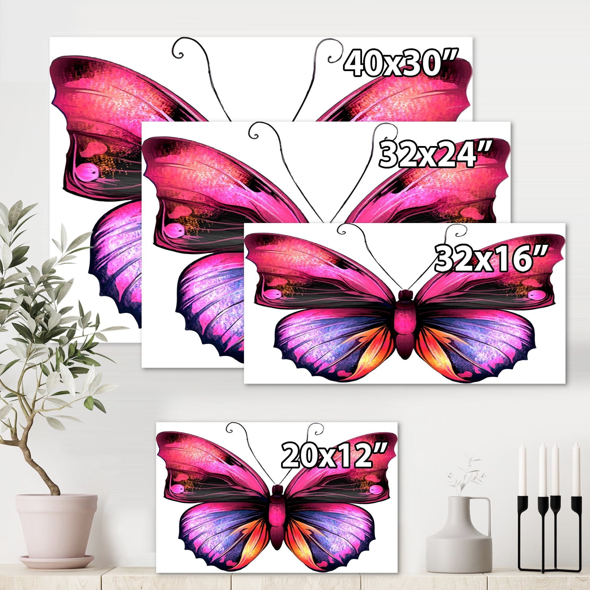 Designart ' Portrait Of Bright Pink Butterfly ' Modern Canvas Wall Art Print