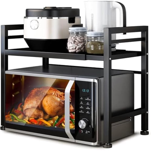 Microwave Oven Rack, Expandable Microwave Stand Countertop Kitchen Utensils Tableware Storage, Carbon Steel Over Microwave Shelf Countertop with 3 Hooks 2 Tier (Without Spice Rack)