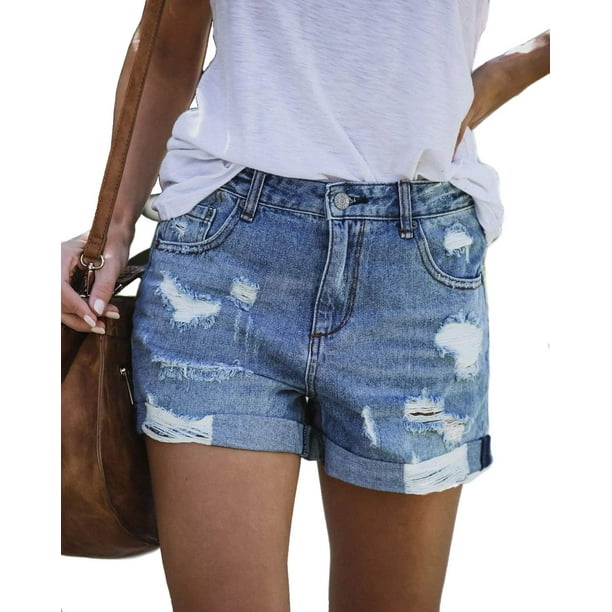 MODARANI Boyfriend Jean Shorts for Women Juniors Rip Distressed Denim Overall Short Blue cut Off S