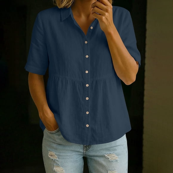 Pounoo Womens Linen Peplum Shirts Loose Fit Half Sleeve Button Front Peplum Waist Breathable Tops Office Boho Style Blouses Gift