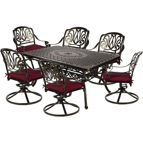 MEETWARM 7-Piece Outdoor Patio Dining Set, All-Weather Cast Aluminum Patio Conversation Set for Backyard Garden Deck with 6 Cushioned Swivel Rocker Chairs, 1 Rectangular Table, Chili Red