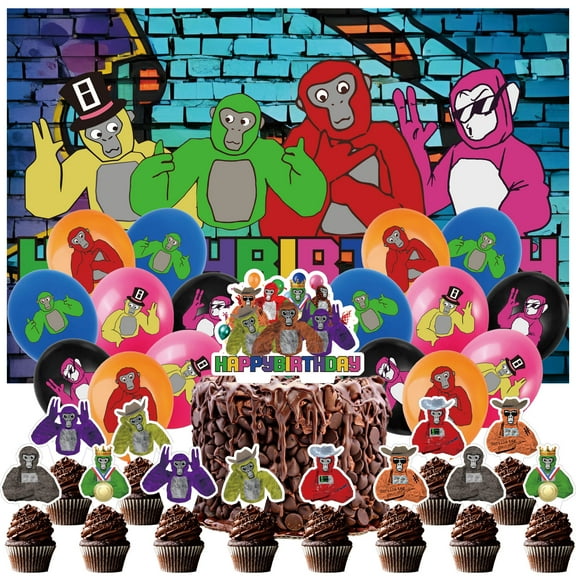 30-Piece For Gorilla Cartoon-Themed For Tag Party Decoration Set – Includes Backdrop, Cake Topper, 12 Cupcake Toppers, and 16 Balloons for Festive Celebrations