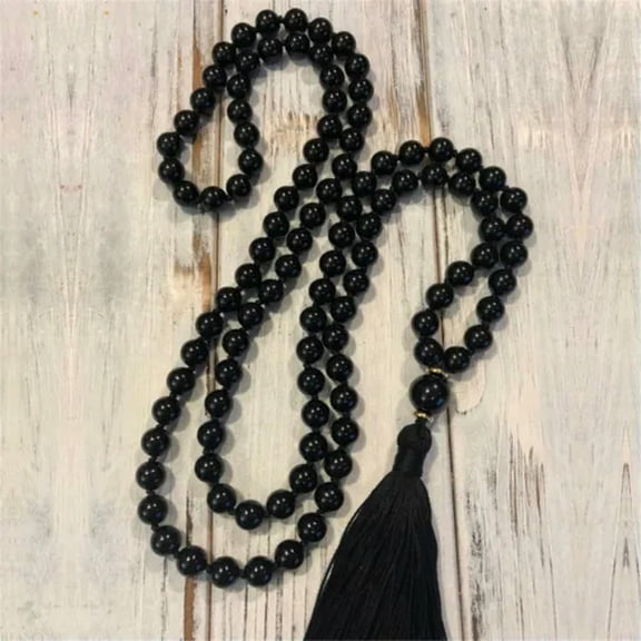 K-KED 6mm Black Agate Gemstone 108 Beads Tassel Knot mala Necklace Chic Meditation