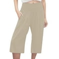 thumbnail image 1 of Pantalones capri casuales con cintura elástica y efecto lino para mujer - Pantalones deportivos de color liso con tejido crepé lavado para un uso diario cómodo, 1 of 5