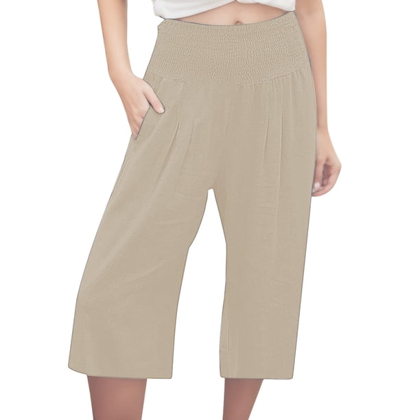 Pantalones capri casuales con cintura elástica y efecto lino para mujer - Pantalones deportivos de color liso con tejido crepé lavado para un uso diario cómodo