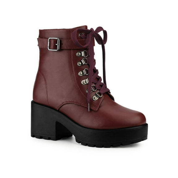 BLISSFUL STEP Women's Boots Zip Block Heel Platform Ankle Combat Boots Burgundy 8.5