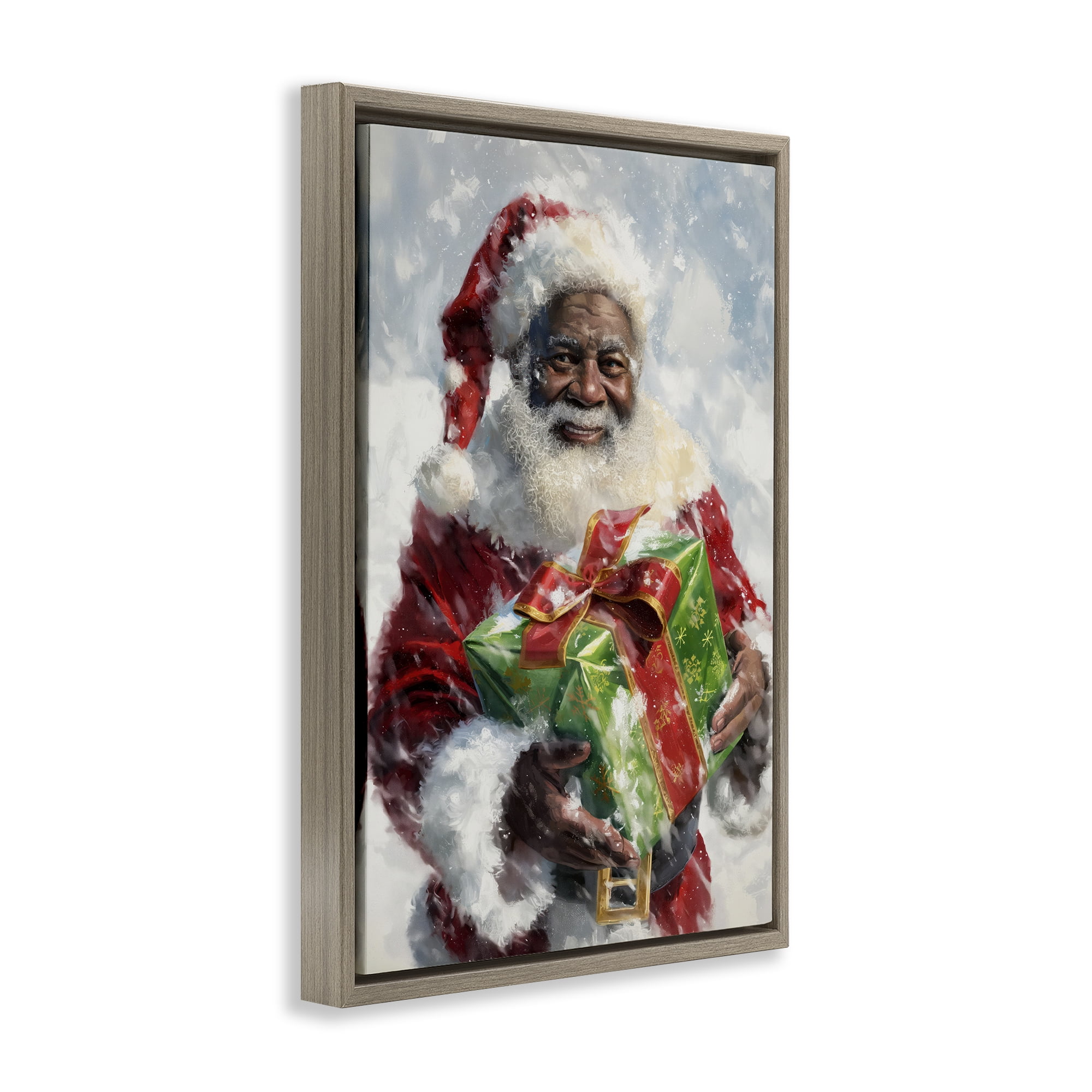Stupell Industries Santa Claus & Gift Holiday Painting Brown Floater Framed Art Print Wall Art, 17 x 25