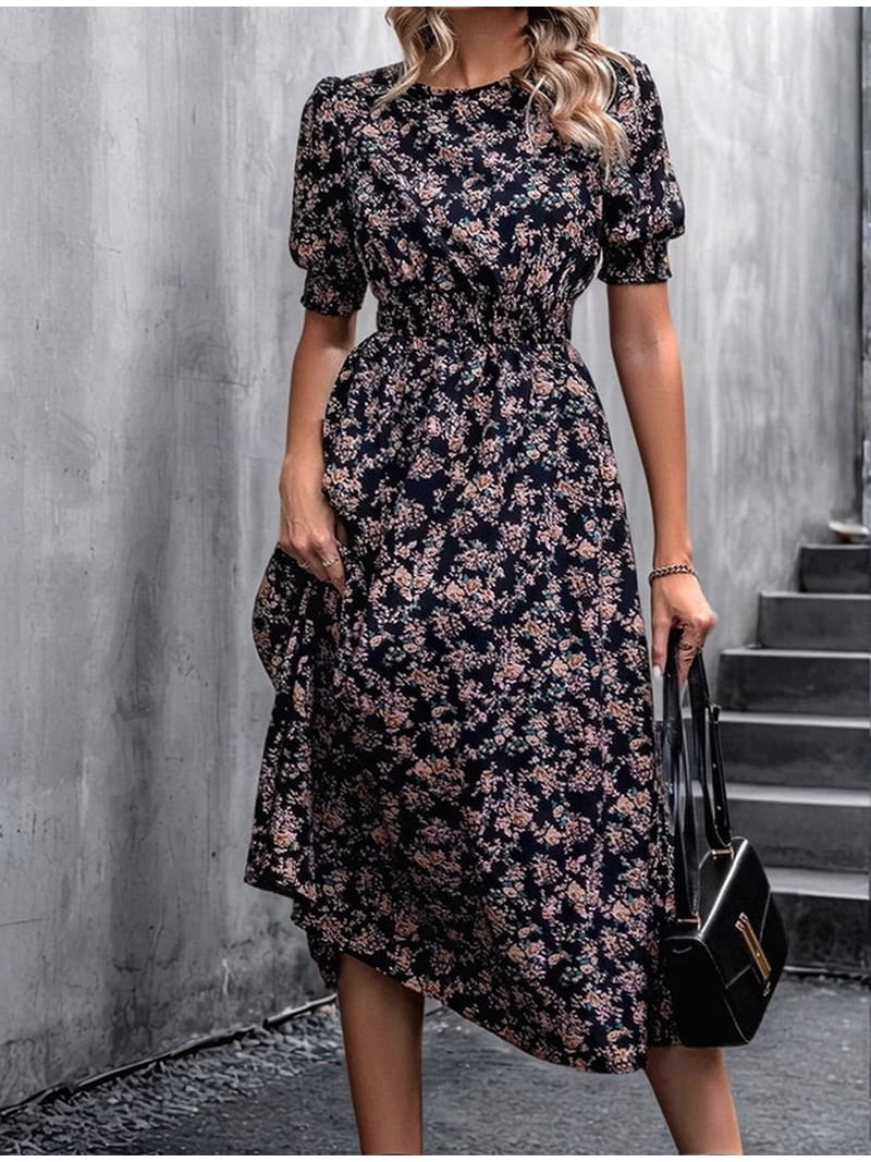 Gdvsclr Women'S Chiffon Floral Dresses Casual Summer Boho Flutter Sleeve Flowy Western Dress Black L