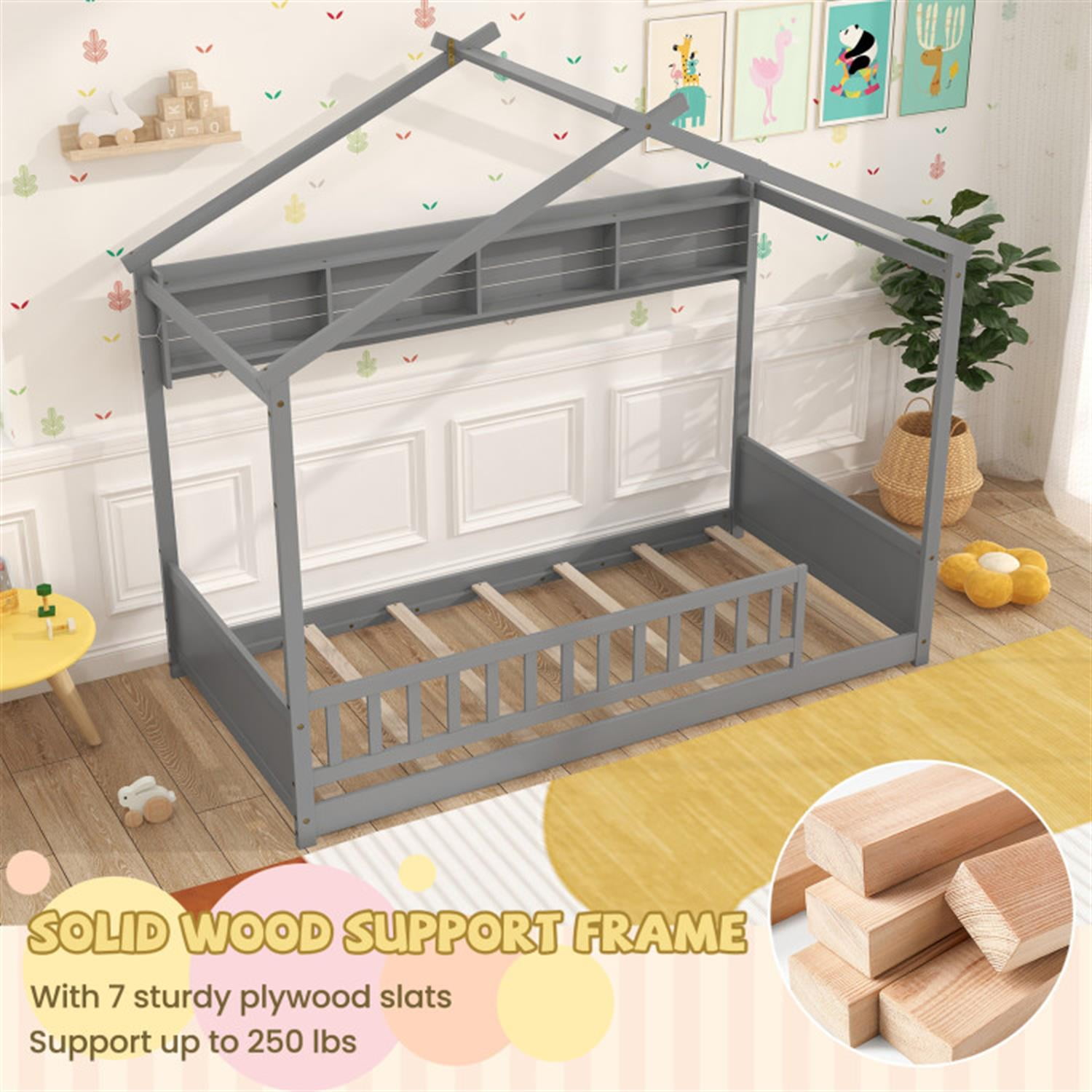 Demi Bonn Twin Size House Bed Frame with Storage Shelf and Headboard, Wooden Floor Bed Frame with Fence and Roof for Bedroom, Gray