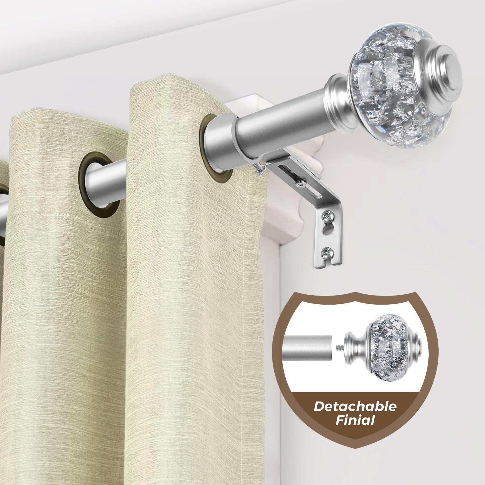 KAMANINA 7/8" Adjustable Single Curtain Rod with Translucent Finial, 28 - 48", Silver