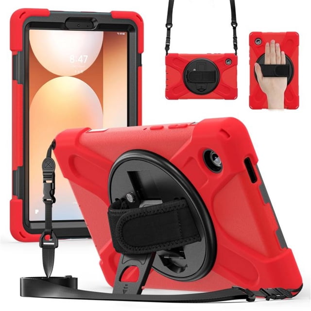 Funda para Samsung Galaxy Tab A9, Funda Protectora de Silicona Anti-caída + Capa de PC con Asa, Soporte, Correa para el Hombro, Resistente a Golpes, Tres Pruebas, Funda Protectora para Tablet, Rojo,