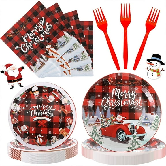 WSBArt 25Pcs-Set Complete Christmas Themed Disposable Tableware Set with Assorted Paper Plates in 7-Inch and 9-Inch Sizes, Plus Coordinating Napkins and Forks for Easy Holiday Parties and Events