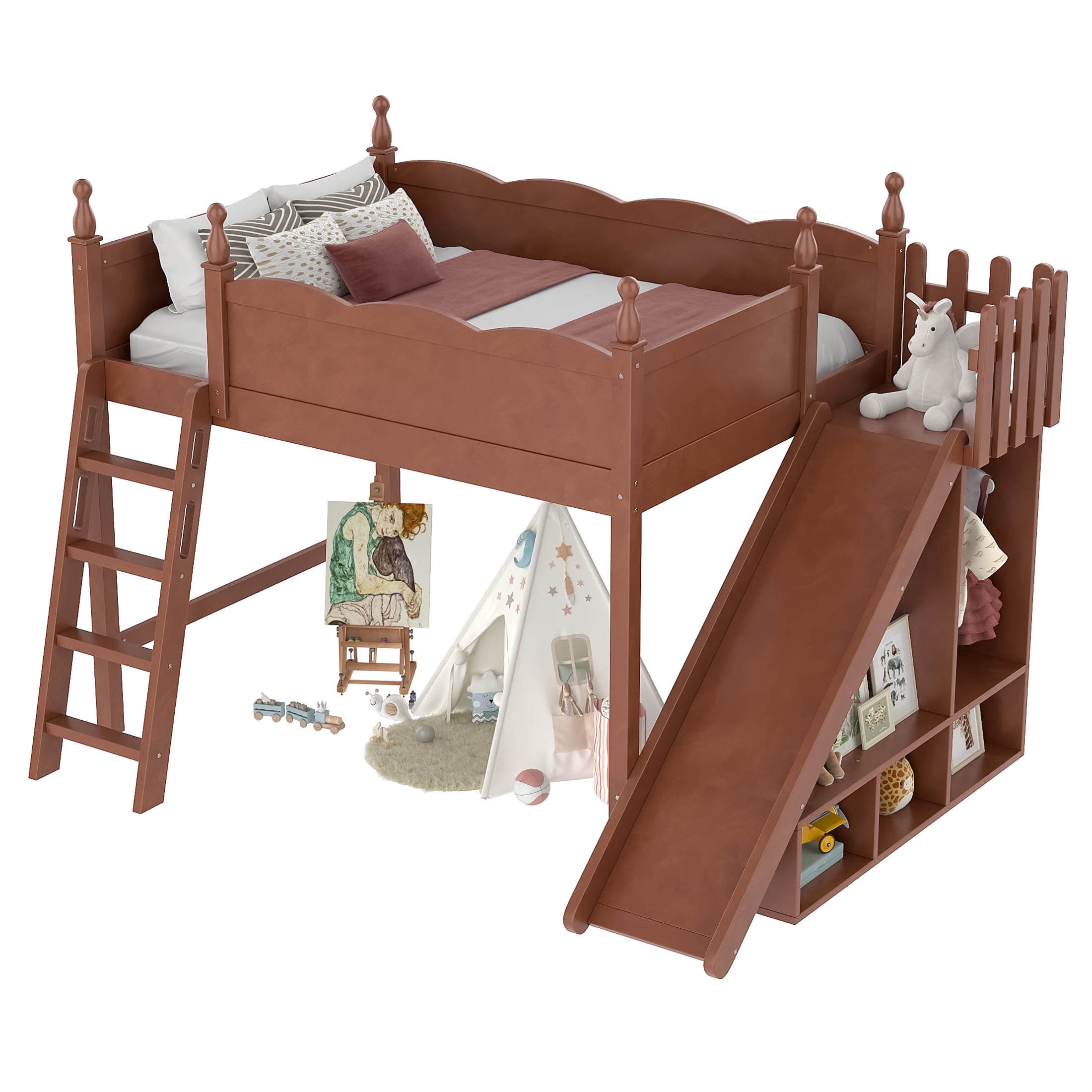 Noble House Full Loft Bed with Storage Shelves, Detachable Slide and Ladder, Antique Natural