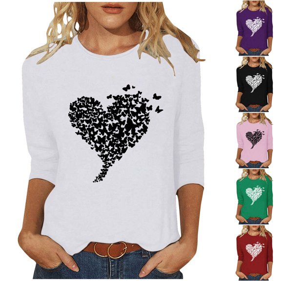VKOYWKM Heart Shirts Women Valentines Day T-Shirts Heart Graphic Tees Tops 3/4 Sleeve Casual Crew Neck Love Heart T-Shirts Happy Valentines Day Blouses