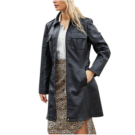 Fjofpr Winter Coats for Women Mid Length Faux Leather Jacket with Belt Spring and Fashionable British Jacket