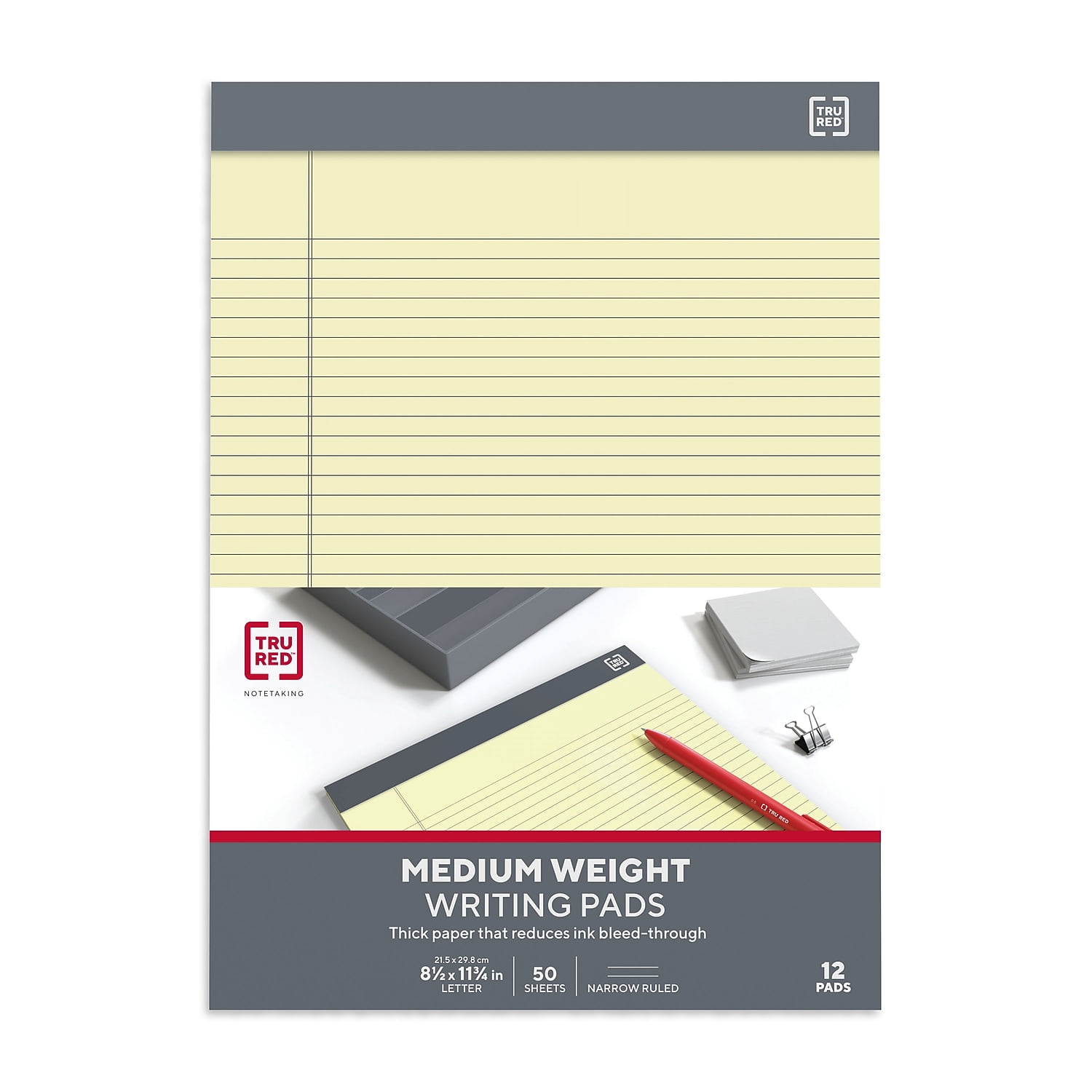 Staples TRU RED Notepads 8.5" x 11.75" Narrow Ruled Canary 50 Sheets/Pad 24/Carton TR59912/TR573VS