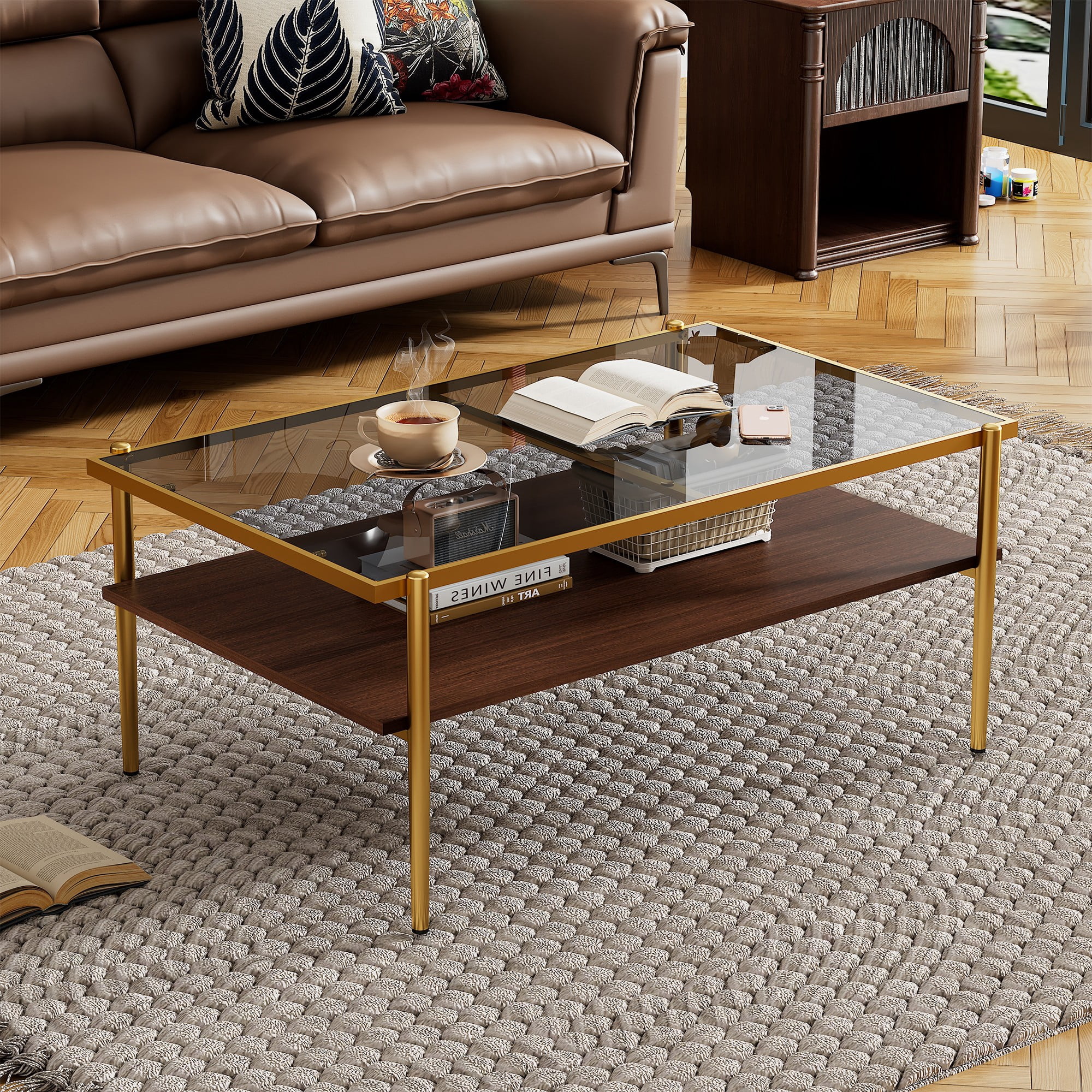 Glass Coffee Table for Living Room,Modern 2-Layer Rectangle Center Table Tea Table with Metal Legs,Golden