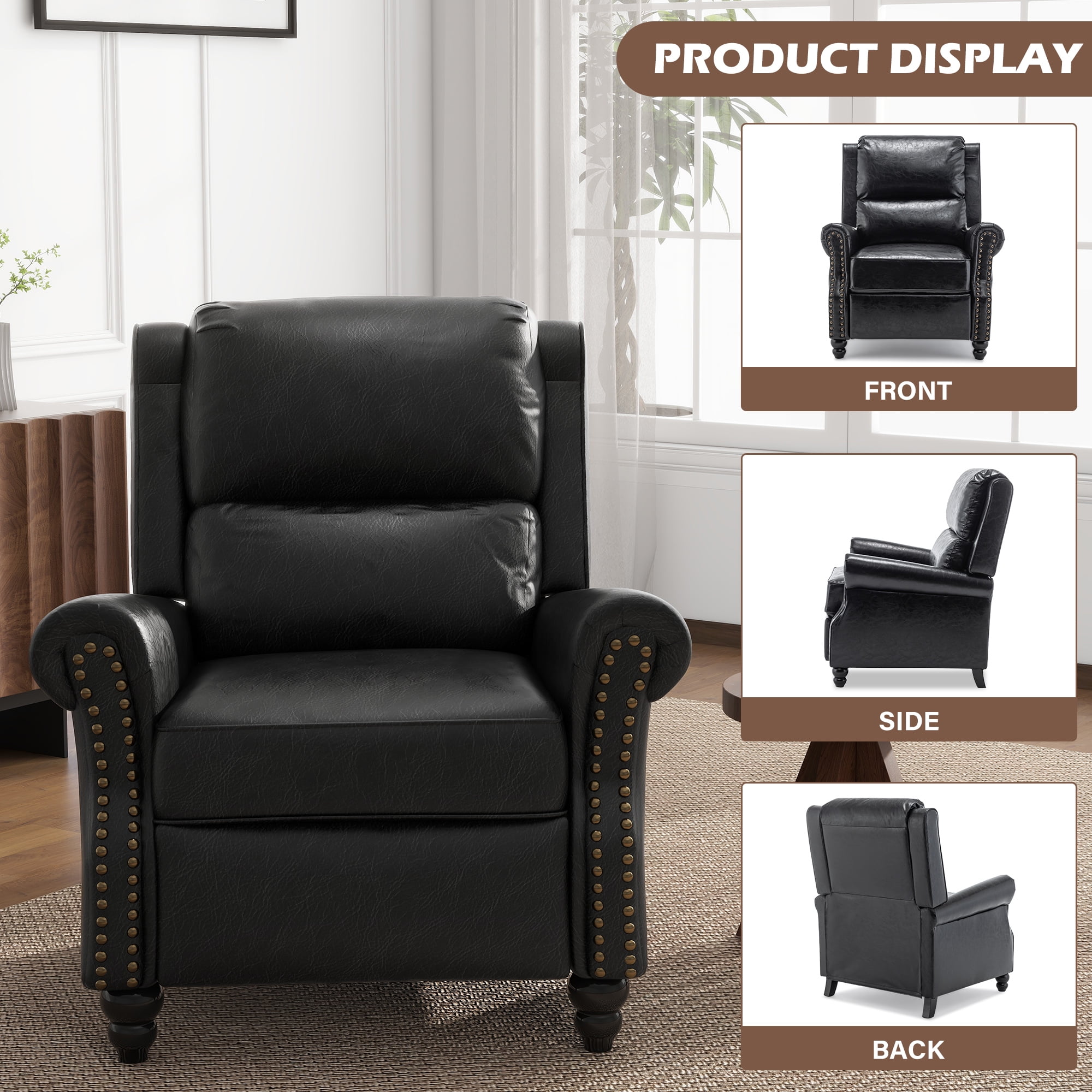 Push Back Recliner Armchair Faux Leather Wingback Recliner Chair for Living Room,Black