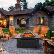 Multifunctional Fire Pit Table, 32'' Fireplace Heater/Ice Pit, Square Metal Fire Pit Stove with Screen Lid and Log Poker for Backyard Garden Camping Picnic Bonfire
