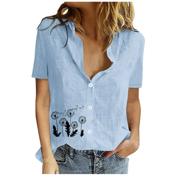 Fesfesfes Cream Short Sleeve Shirt Women Women Printed Short Sleeve Loose Button Turndown Collar Shirt Solid Blouse Tops Womens Tees Loose Fit 12(XXL)