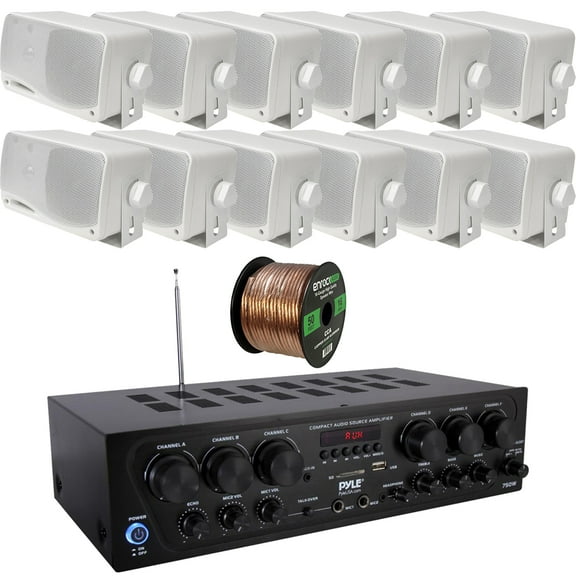 Pyle 6-Channel 750W Bluetooth USB AUX FM Stereo Amplifier Receiver Home Audio System Bundle Combo with 12x 3.5'' 3-Way Weather Proof White Mini Box Speakers, 16 Gauge 50 Feet Speaker Wire
