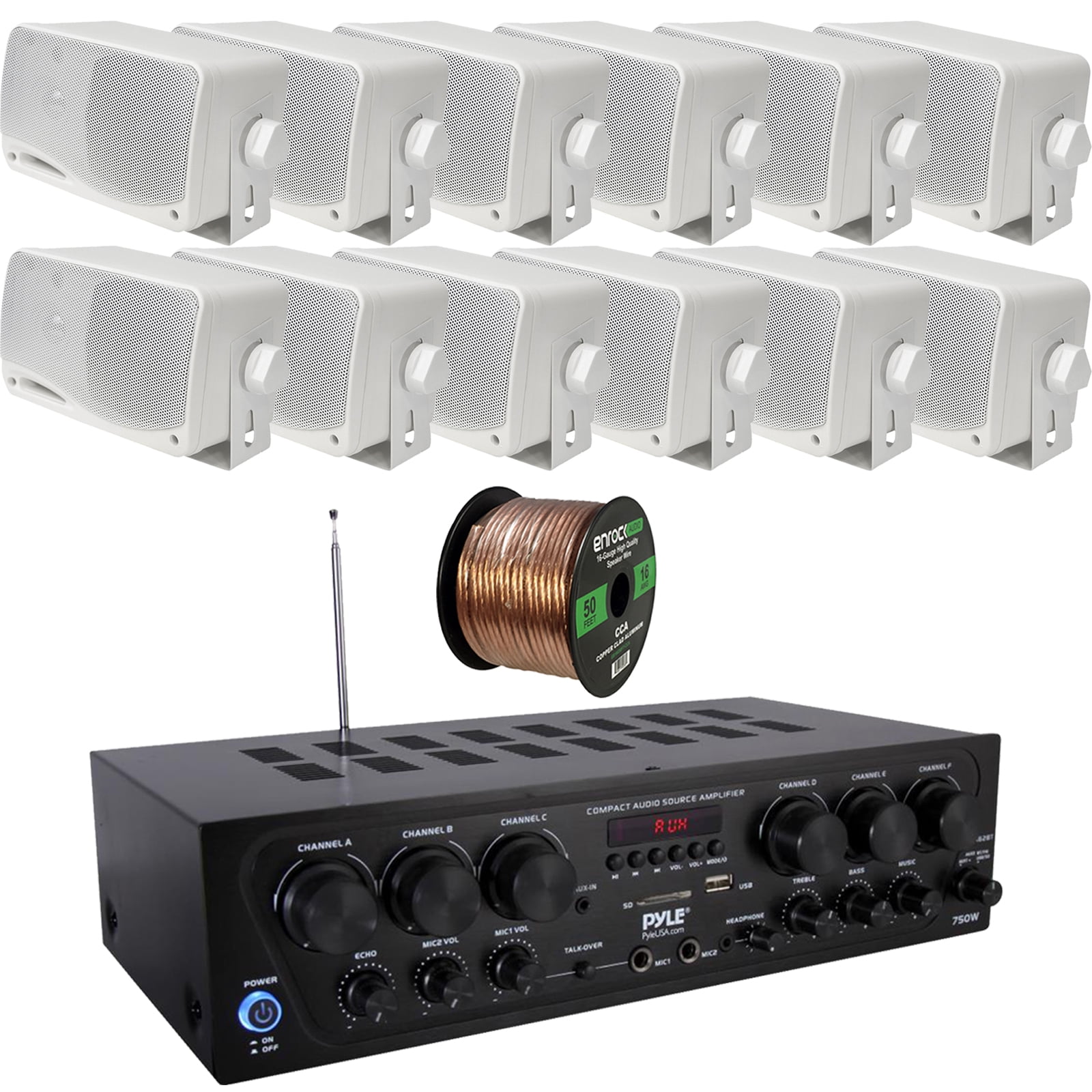 Pyle 6-Channel 750W Bluetooth USB AUX FM Stereo Amplifier Receiver Home Audio System Bundle Combo with 12x 3.5'' 3-Way Weather Proof White Mini Box Speakers, 16 Gauge 50 Feet Speaker Wire