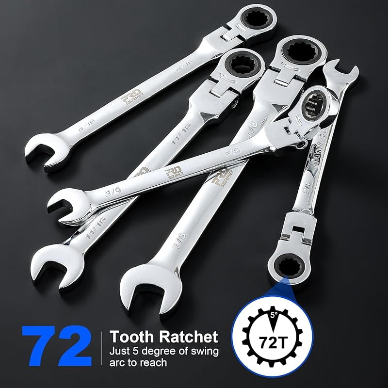 14-Piece Metric Flex-Head Ratcheting Wrench Set, 6-19mm Ratchet Combination Wrench Kit with Storage Case, 72 Tooth, Cr-V Steel Constructed