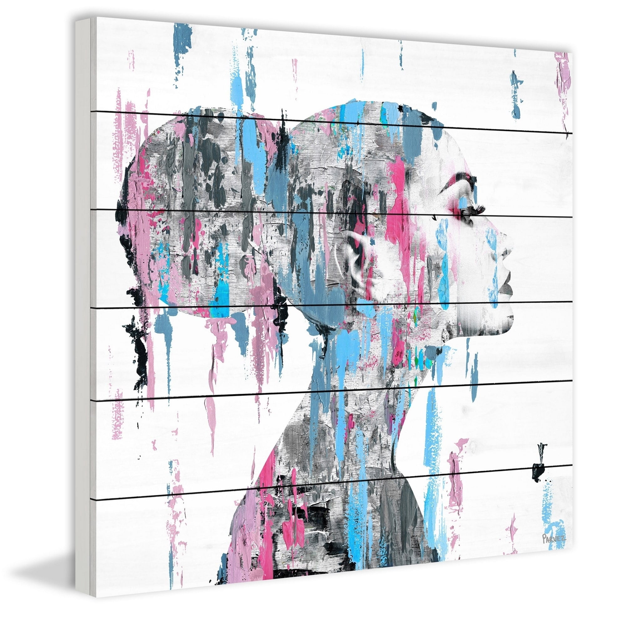 Parvez Taj Pink Blue Face Smudges White Wood Wall Art