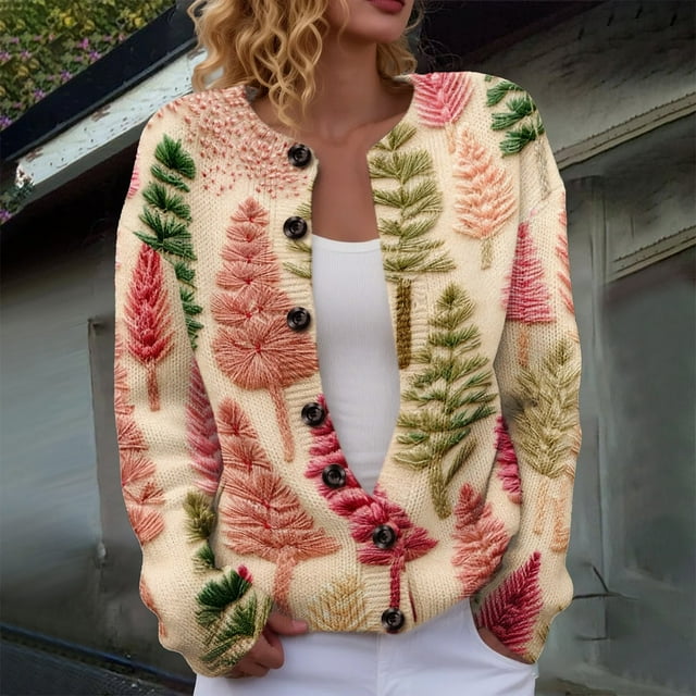 Cardigan de Noël pour Femmes, Chandail en Tricot à Manches Longues avec Boutons et Col Rond, Tenue de Fête pour les Rassemblements de Noël et les Occasions Festives - Jaune Clair