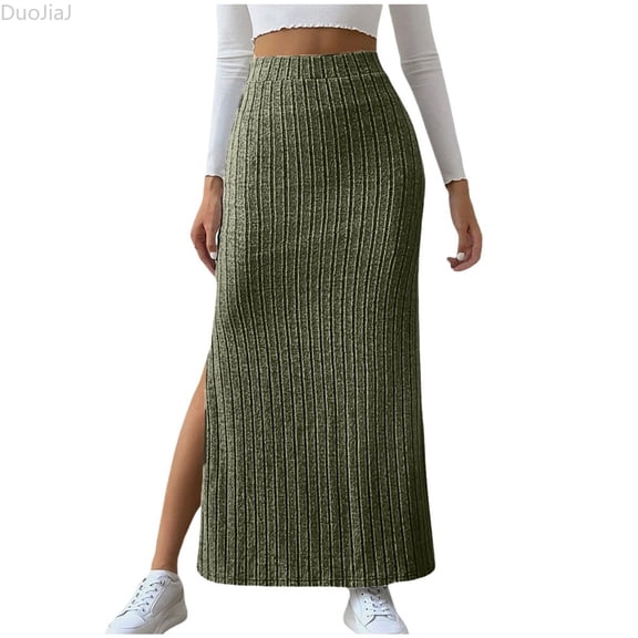 DuoJiaJ Women's High Waist Stretchy Rib Knit Split Slit Hem Midi Pencil Skirt Bodycon Skirts Women Green L
