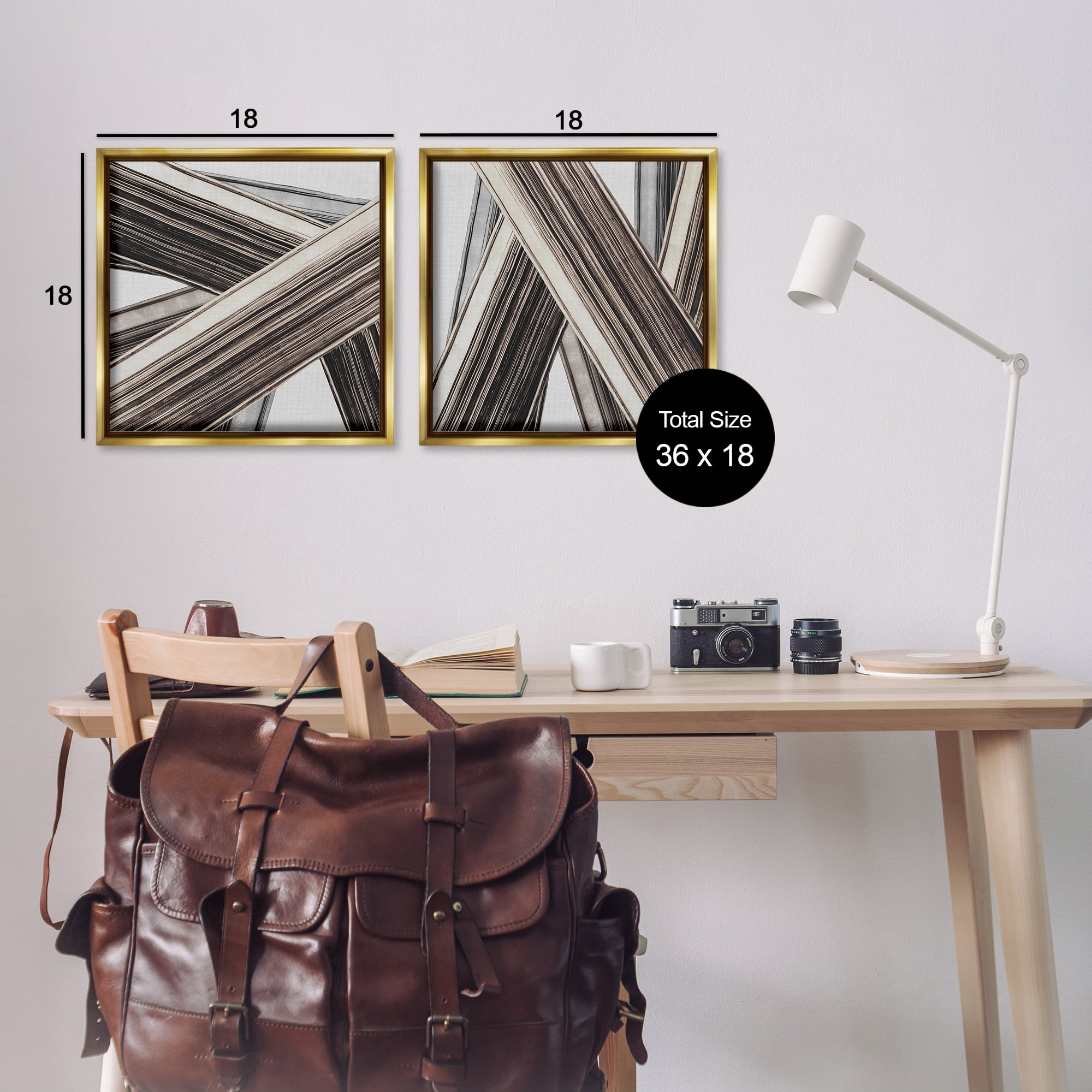 Stupell Industries Industrial Linear Crisscross Abstract Painting Gold Floater Framed Canvas Art Print Wall Art, 18 x 18, Set of 2