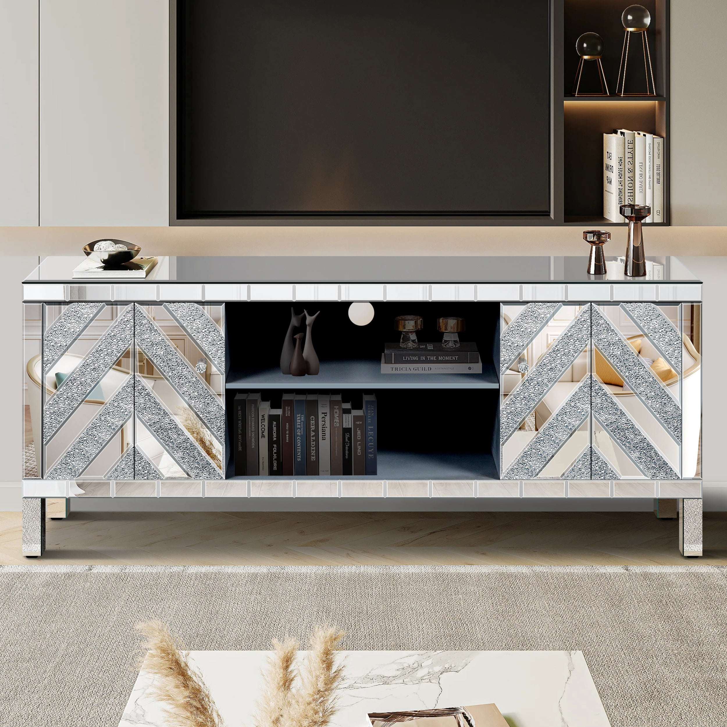 Atumcto Mirrored TV Stand for 65in TV, Silver Console with Storage Cabinets and Shelves, Modern Glam Entertainment Center for Living Room