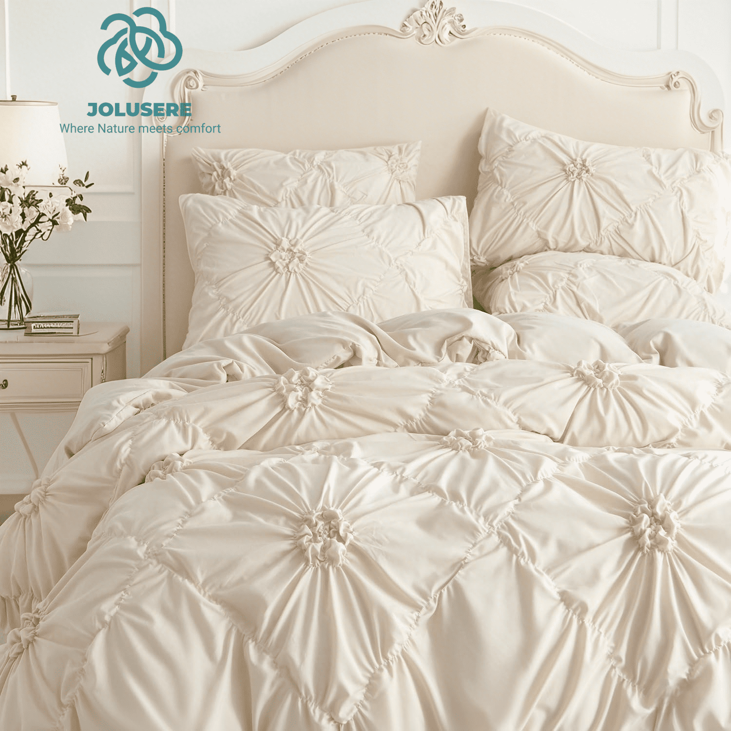 JOLUSERE Rustic French Style Beige Duvet Cover Sets King Size, Textured Flower Pinch Pleated Solid Luxury Bedding Sets