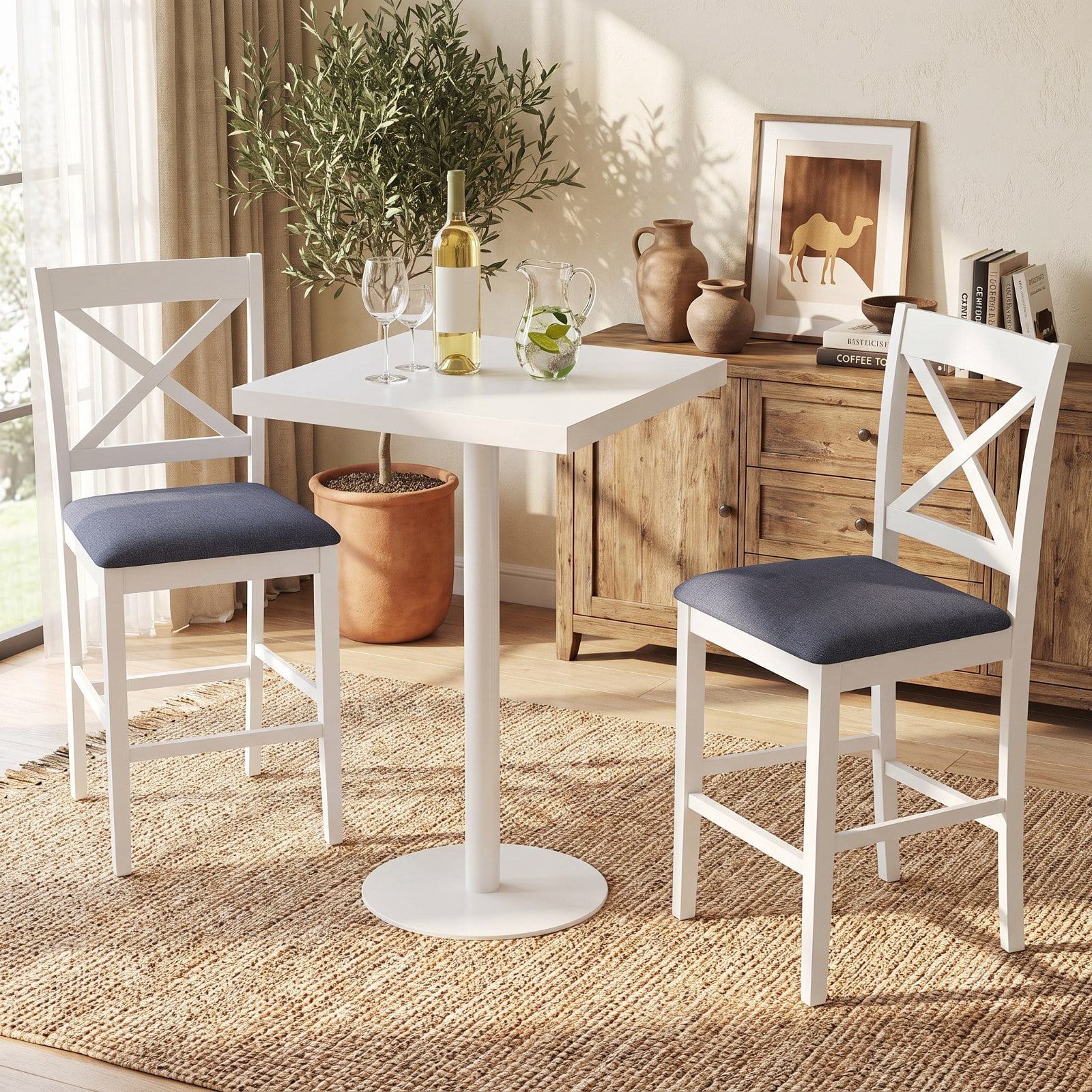 Furnibear Set of 2 X-Back Bar Stools with Upholstered Cushioned Seats for Kitchen Island Counter Bar Pub Dining Home, White