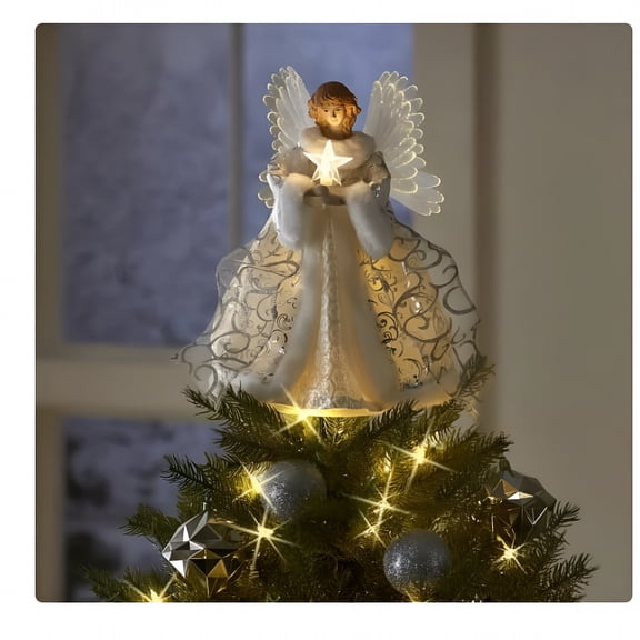 Florenta Christmas Tree Topper with Light, 2D Acrylic Angel Reusable Xmas Tree Top Decor, Festival Party Ornament, 1 Pc