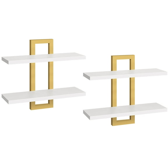 HOOBRO Floating Shelves, 15 Inch Wall Shelf Set of 2, Wall Mounted Storage Shelves 2-Tier, Hanging Bathroom Shelves, for Living Room, Bedroom, Bathroom, Kitchen, White and Gold DW32BJ01