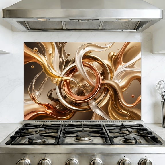 Peel and Stick Kitchen Backsplash Mural Abstract Swirling Metallic Rings Fluid Forms Warm Tones, 35.4" x 23.6" Oil Proof Vinyl Wallpaper for Stove & Fireplace