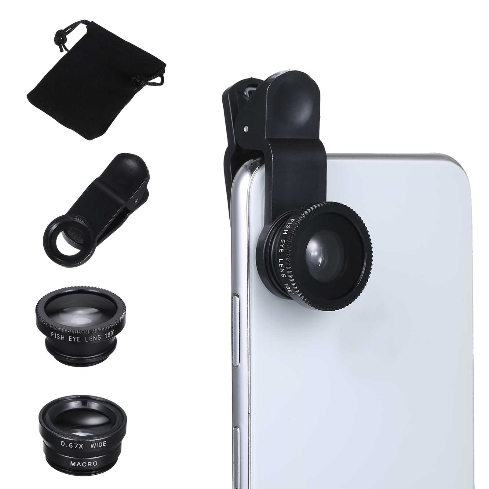 Mobile Phone 3 in 1 Camera Lens Kit Clipon Phone Lens Kit 180° Fisheye