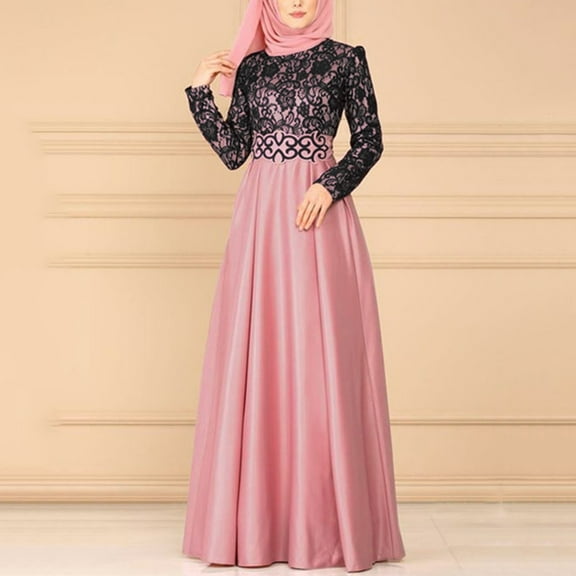 BOOMILK Casual Dresses for Women Muslim Dress Kaftan Arab Jilbab Abaya Islamic Lace Stitching Maxi
