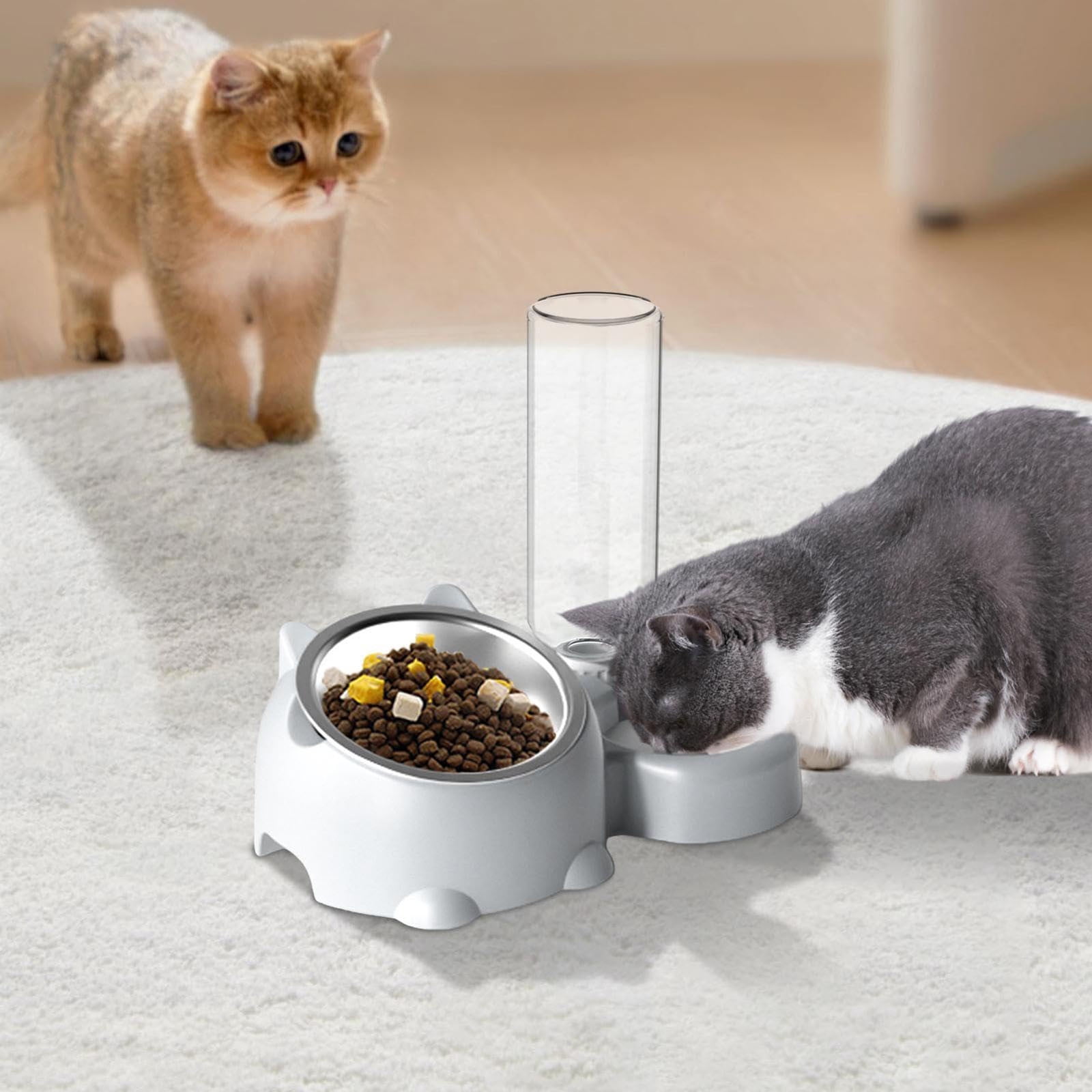 Double Pet Bowl Set with Automatic Water Dispenser - Stainless Steel Detachable Food & Water Bowls for Cats/Dogs - No-Spill Gravity Feeder for Puppies, Kittens & Small Pets