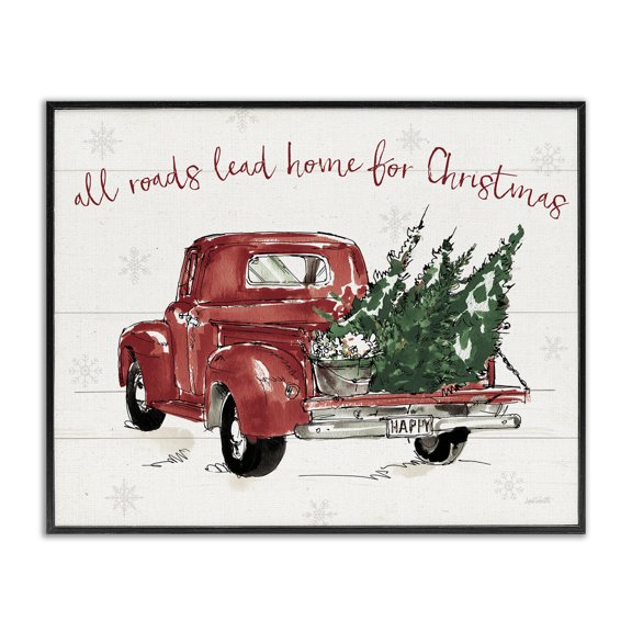 Stupell Industries Rustic Lodge Home For Christmas Inspirational Trees in Red Truck Black Framed Giclee Art, 14 x 11, by Anne Tavoletti