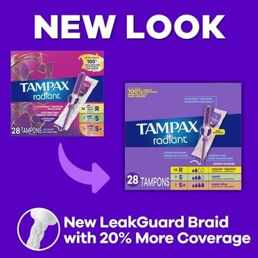Tampax Radiant Tampons Trio Pack with Regular/Super/Super Plus Absorbency, 28 Count, Unscented