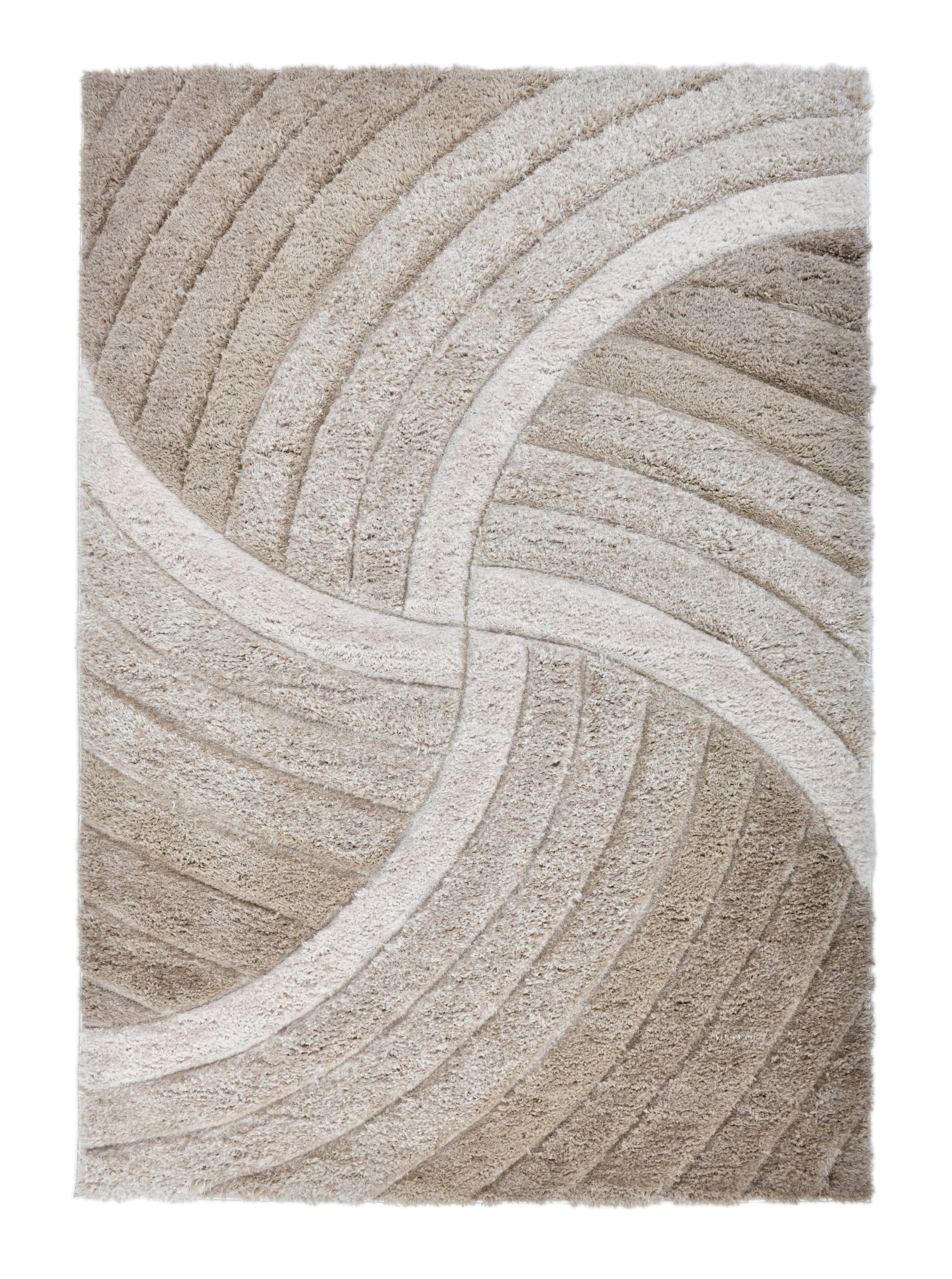 Well Woven Tilly Biege Geometric Stripes Thick Soft Plush 3D Textured Shag Area Rug 5x7 (5'3" x 7'3")