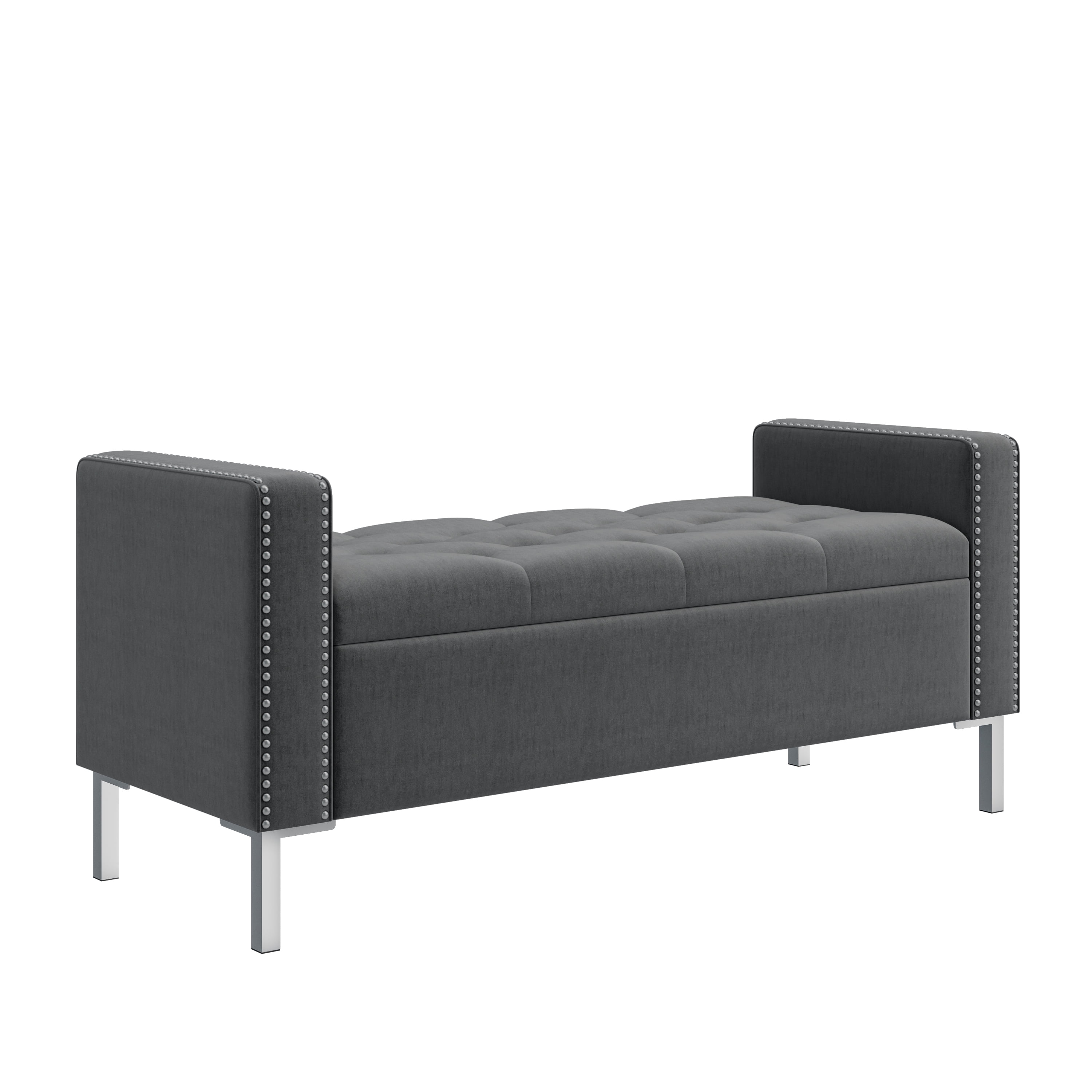 Homesvale Cashman 52"W x 22.5" H Storage Bench Ottoman with Square Arms for Living Room, Bedroom, Entryway, Charcoal Gray Velvet